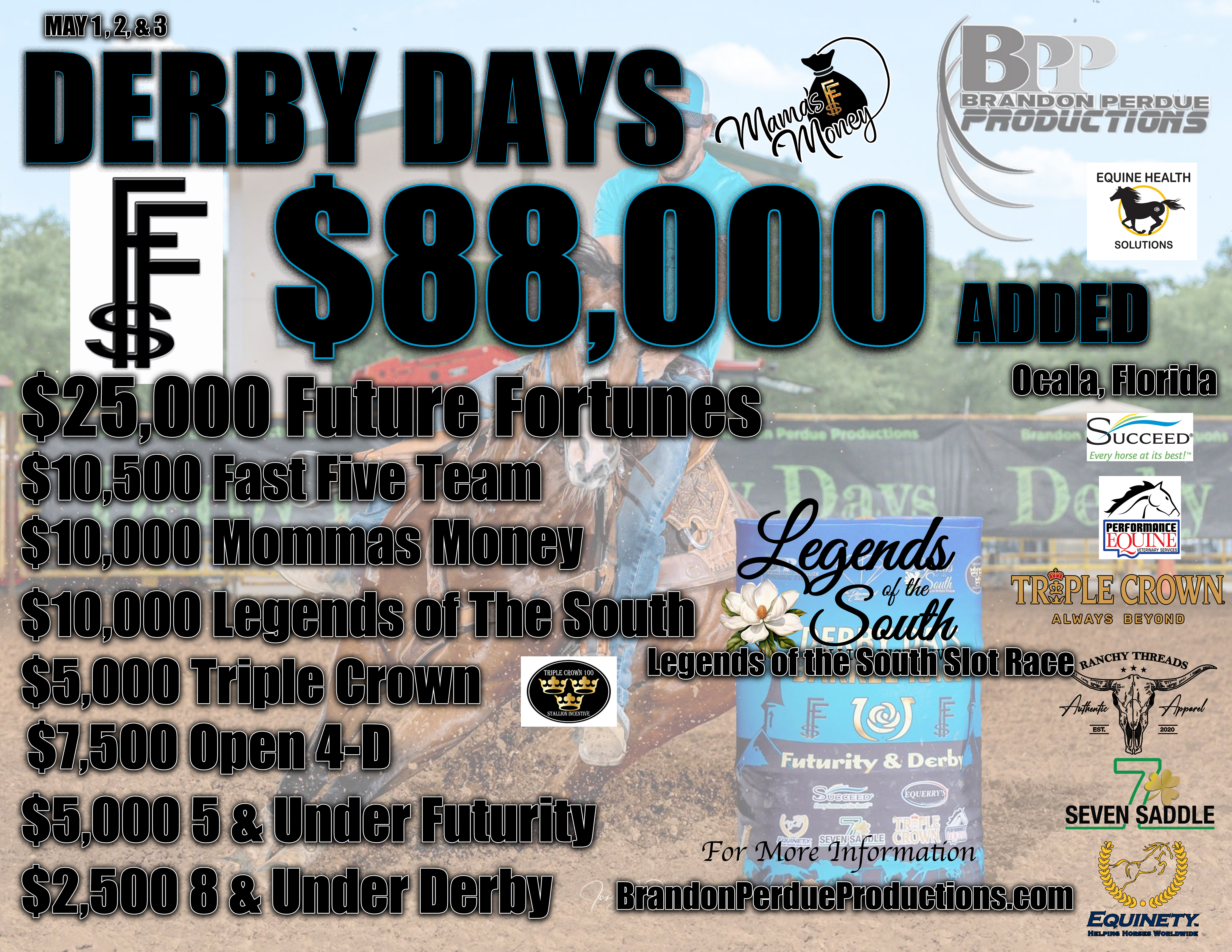 Derby Days race flyer for May 1-2 2026 in the southeastern livestock pavilion